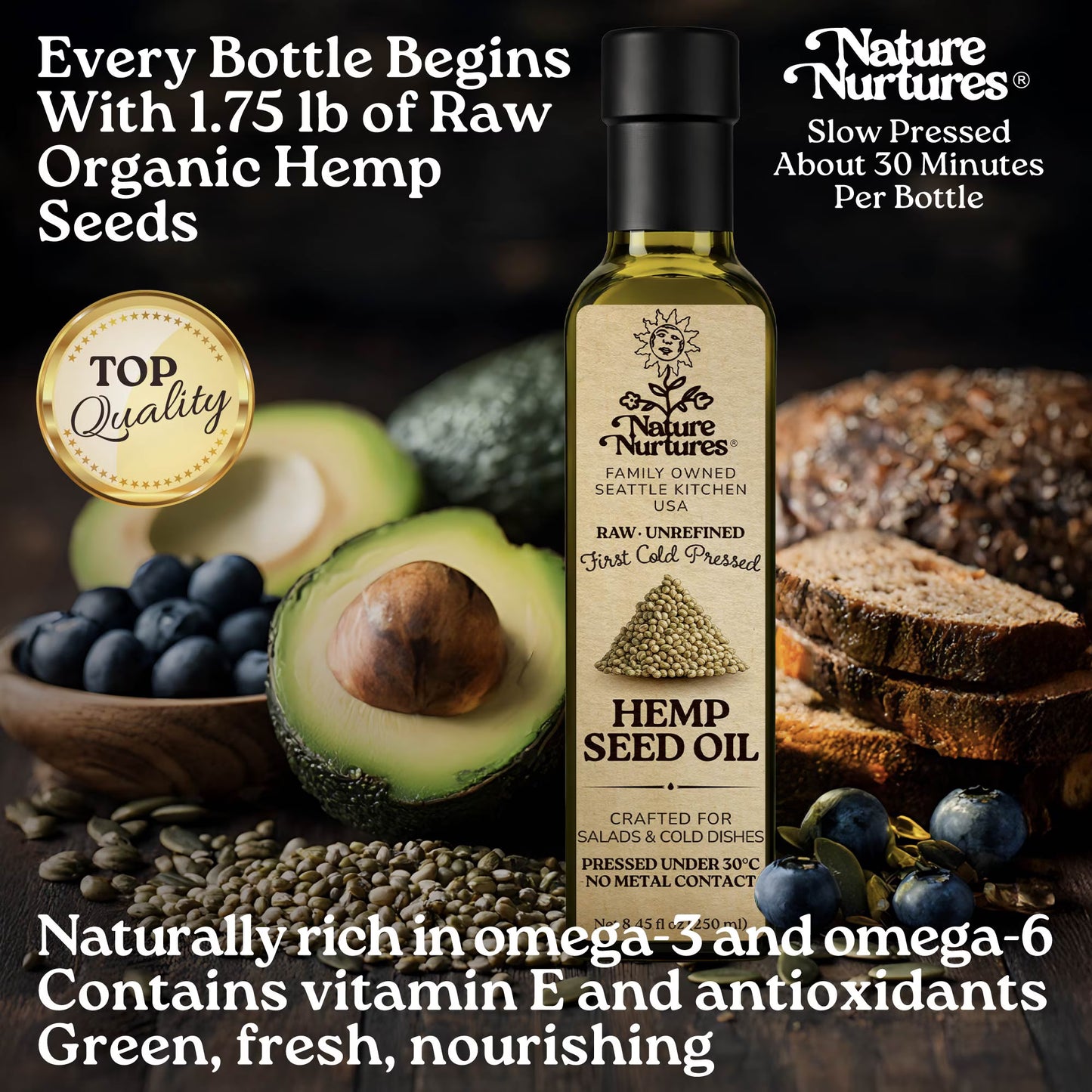 Hemp Seed Oil for Cooking | Raw First Cold Pressed | Single Press Below 30C | Unrefined | Made in USA