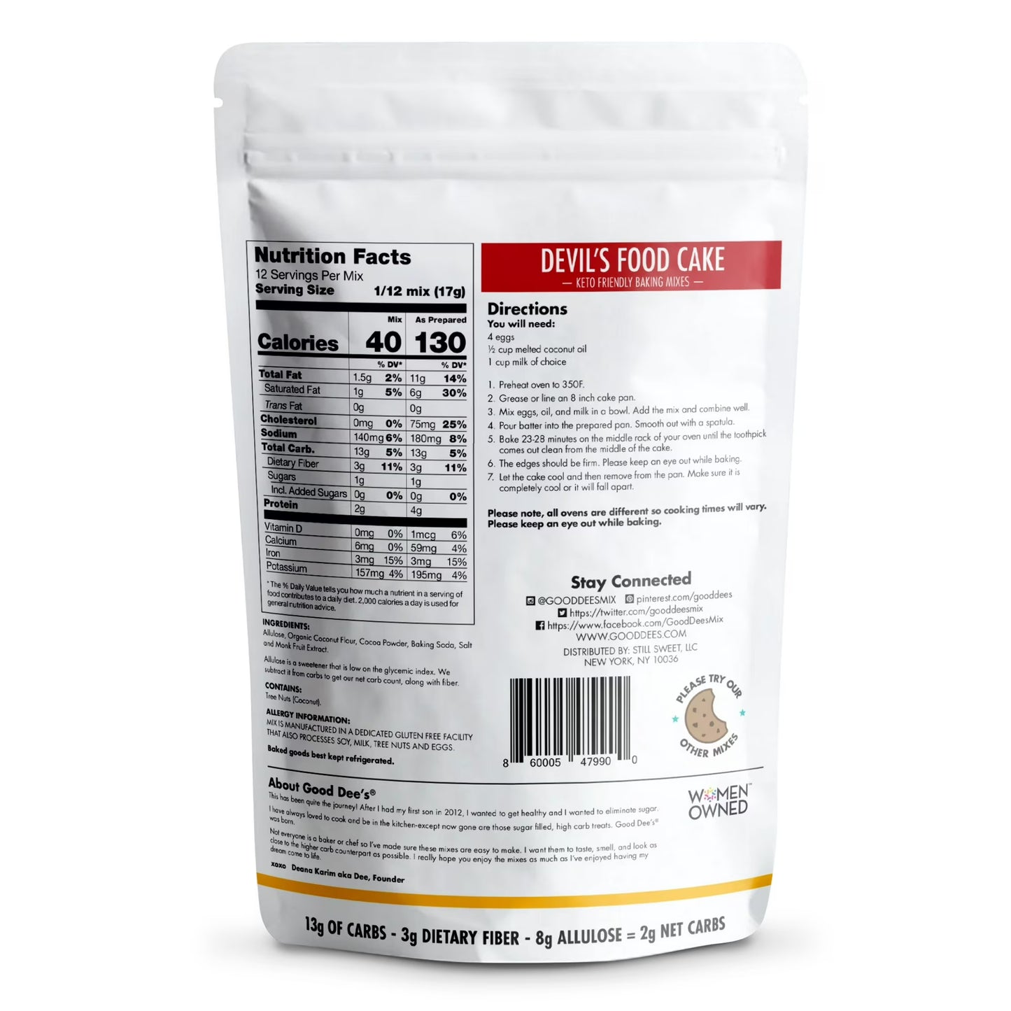 Good Dee's Devil's Food Cake - Low Carb Keto Cake Mix, Grain-Free, Gluten-Free No Sugar Added Cake Mix