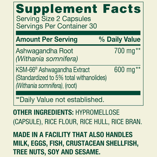 Spring Valley Extra Strength Ashwagandha Dietary Supplement, 1300 mg, 60 Vegetarian Capsules