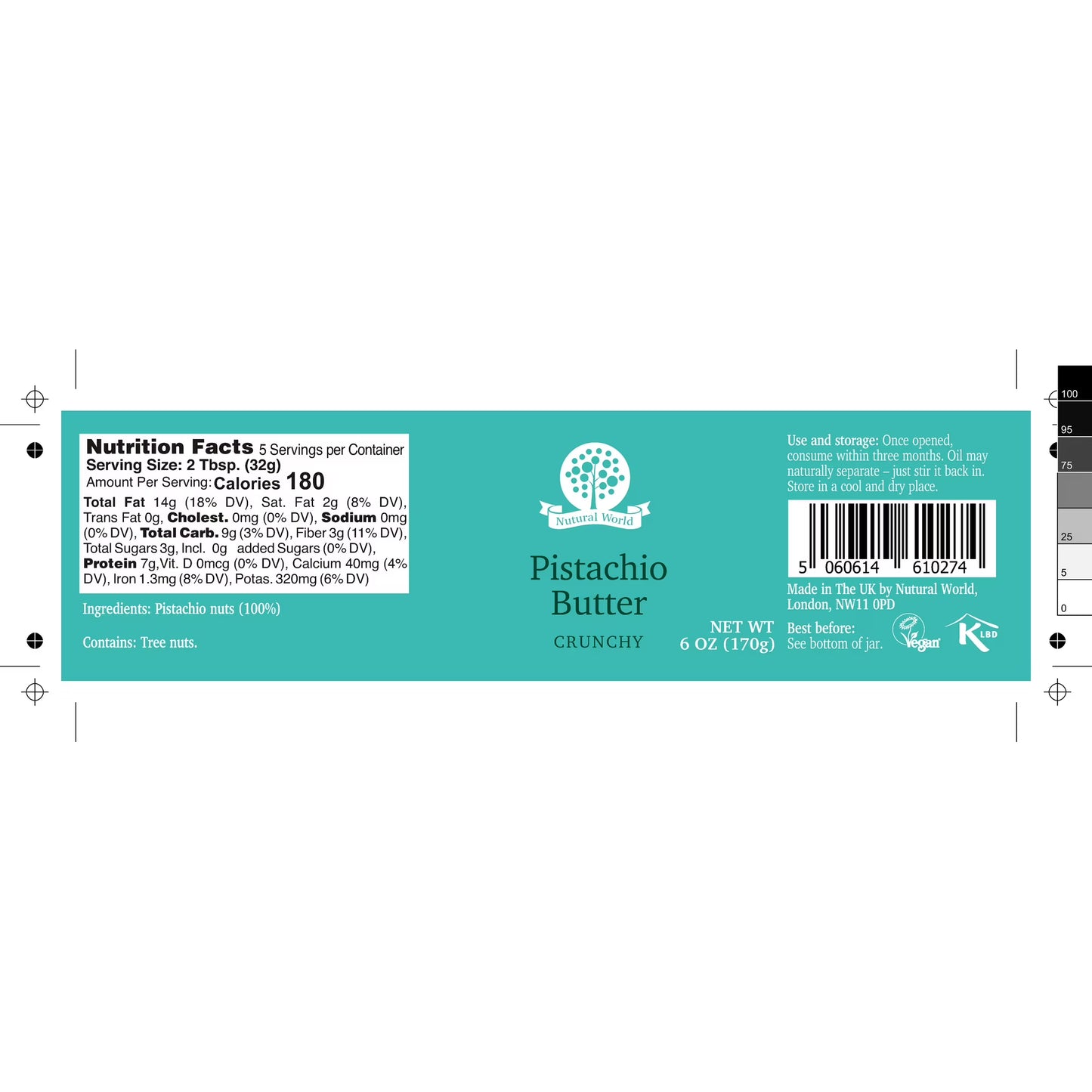 Nutural World - Crunchy Pistachio Butter 6 oz (170g) - Great Taste Award Winner - Pure 100% Single Ingredient - Vegan, Kosher, Paleo Friendly