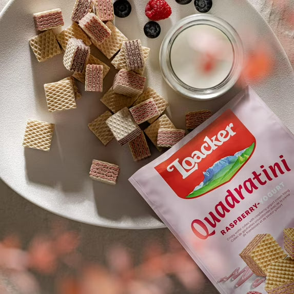 Loacker Quadratini Raspberry-Yogurt, Cream-Filled Bite-Size Wafer Cookies, 7.76 oz, Pack of 6