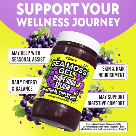Biolore Grape Splash Sea Moss Gel, 8 oz – No Added Sugar, Vegan, Ready-to-Use Wildcrafted Sea Moss Gel with Monk Fruit, Smoothie & Food Add-In