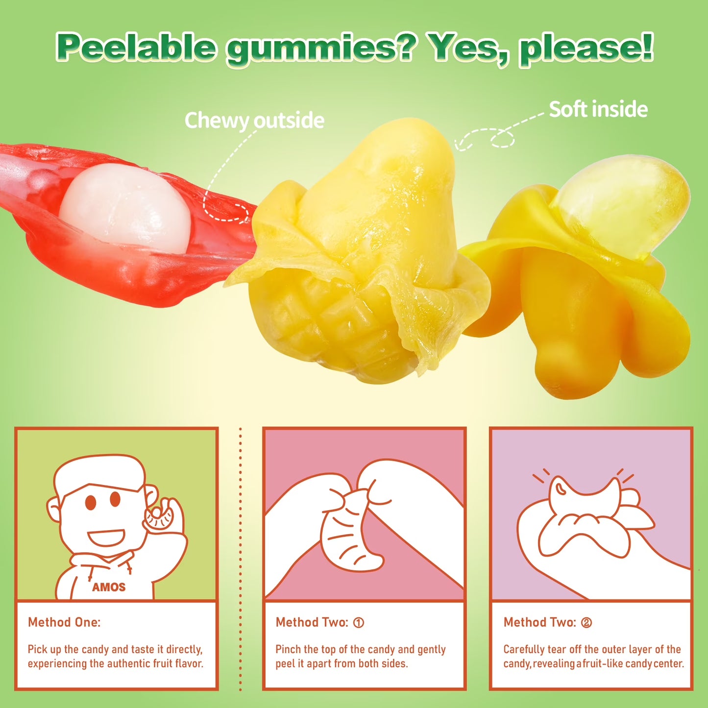Amos Peelerz Exotic Fruit Gummy Candy, Variety Pack Candy Individually Wrapped Pack 8.47 oz