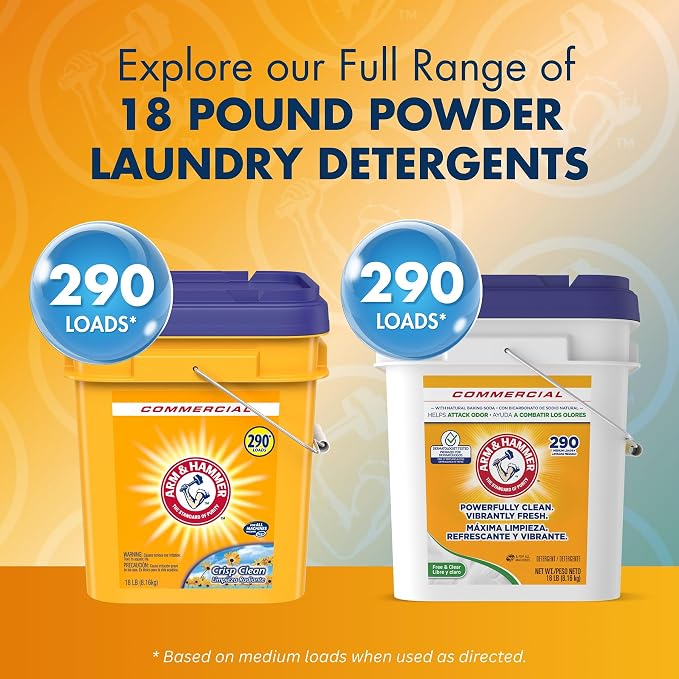Arm & Hammer Powder Laundry Detergent, Professional Soap for Washing Clothes, 290 Loads, Free and Clear, Bulk 18lb Pail