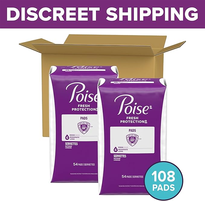 Poise Incontinence & Postpartum Pads for Bladder Leaks, 4 Drop Moderate Absorbency, Long Length, 108 Count, Packaging May Vary