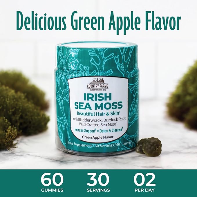 COUNTRY FARMS Irish Sea Moss Gummies, 2000mg Irish Moss, Burdock Root, Bladderwrack for Immune Support, Promotes Digestive Health, Skin and Hair Support, Pectin Based, Vegan, Gluten Free, Green Apple