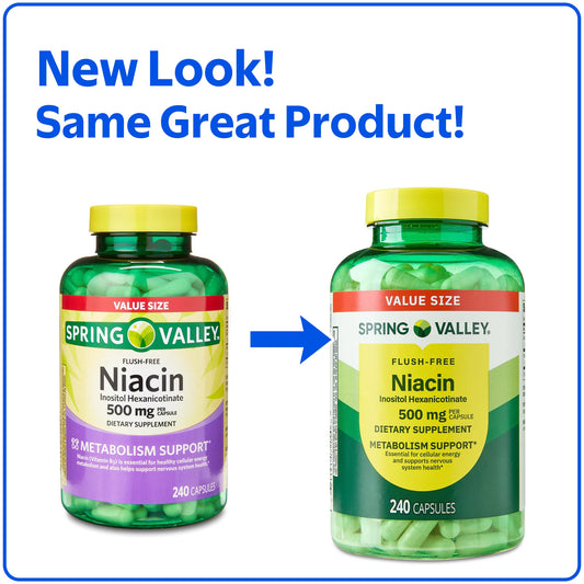 Spring Valley Flush Free Niacin Dietary Supplement Capsules for Metabolism Support, 500 mg, 240 Count