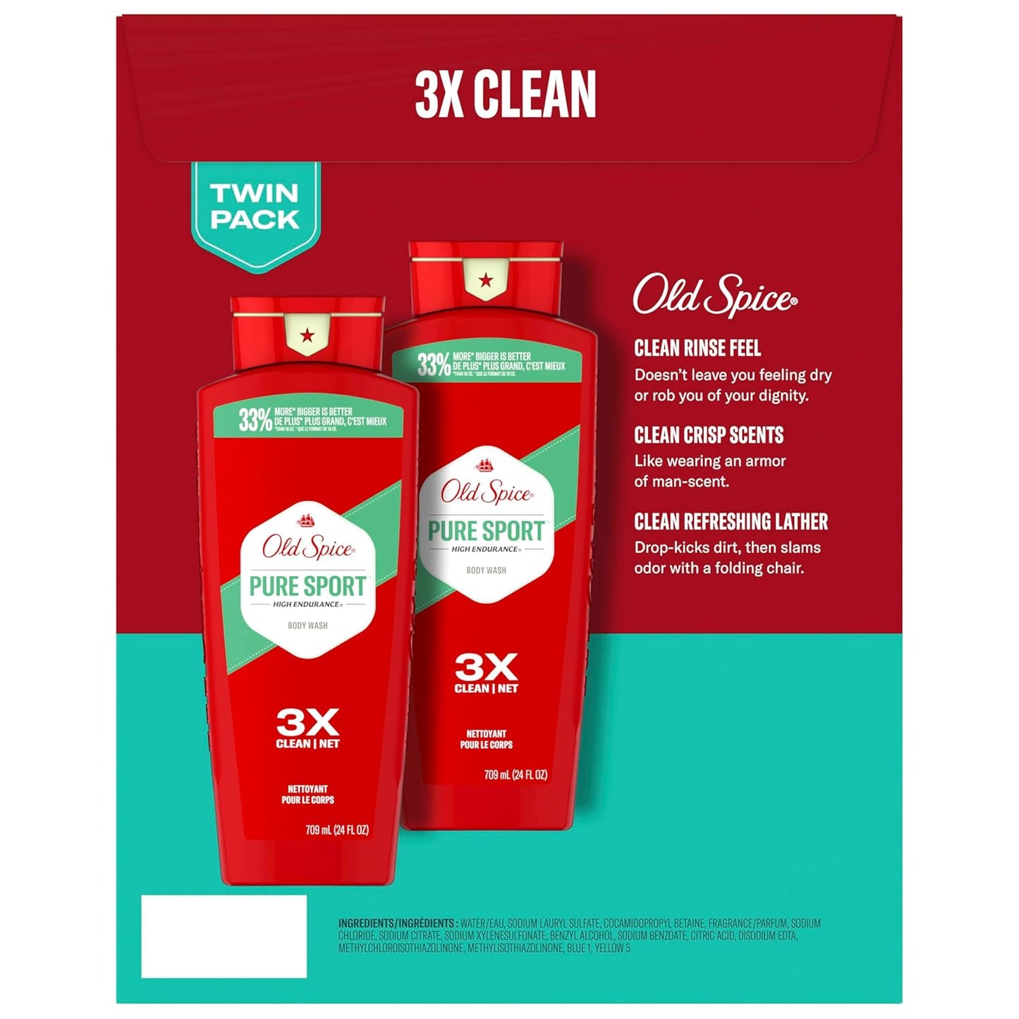 Old Spice Refreshing Body Wash for Men, High Endurance, 3X Defense, 24/7 Shower Fresh with Long Lasting Scent, Pure Sport Scent, 24 oz (Pack of 2)