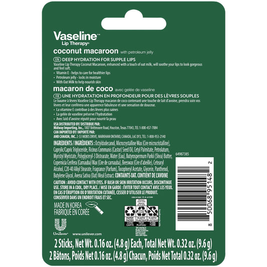 Vaseline Lip Therapy Coconut Macaron Lip Balm Bulk, 12 Twin Packs (24 Sticks) + Lip Protectant, Stocking Stuffers, Secret Santa, 0.32 Oz Ea