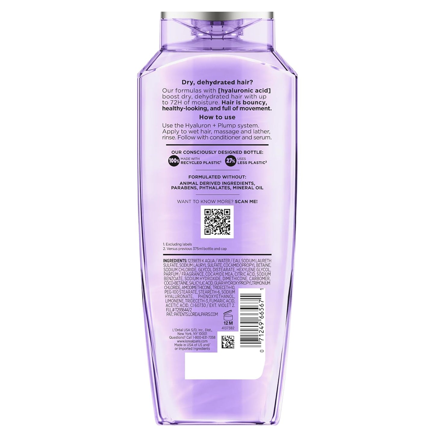 L'Oreal Paris Elvive Hyaluron Plump Hydrating Shampoo for Dehydrated, Dry Hair Infused with Hyaluronic Acid Care Complex, Paraben-Free, 12.6 Fl Oz