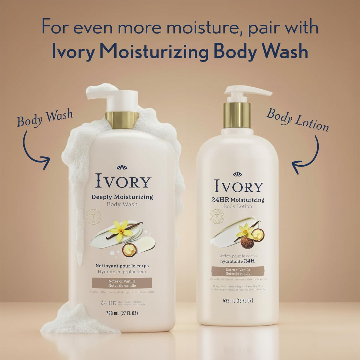 Ivory Hand & Body Lotion, 24hr Moisturizing, Repairs Extra Dry Skin, All Day Hydration, Lightweight Formula, Absorbs Instantly, Perfect for Daily Use, Shea Butter Blend, Vanilla Scent, 18 fl oz