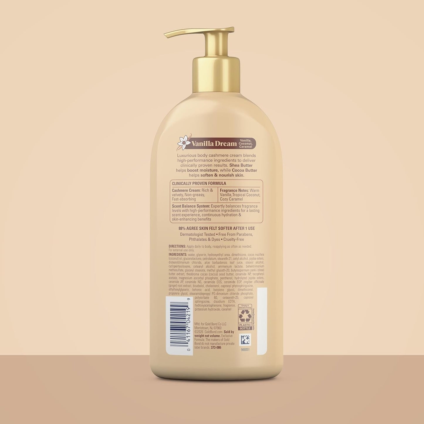 Gold Bond Softening Cashmere Cream Body Lotion, Vanilla Dream Scent, 24-Hour Hydration with Shea Butter and Cocoa Butter, 14 oz.