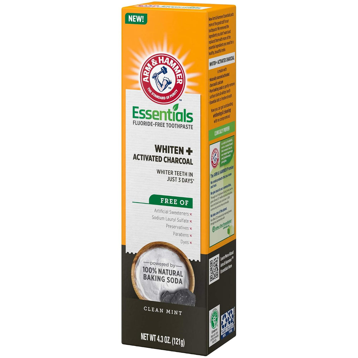 ARM & HAMMER Essentials Fluoride-Free Toothpaste, Clean Mint, 4.3oz, 4-Pack