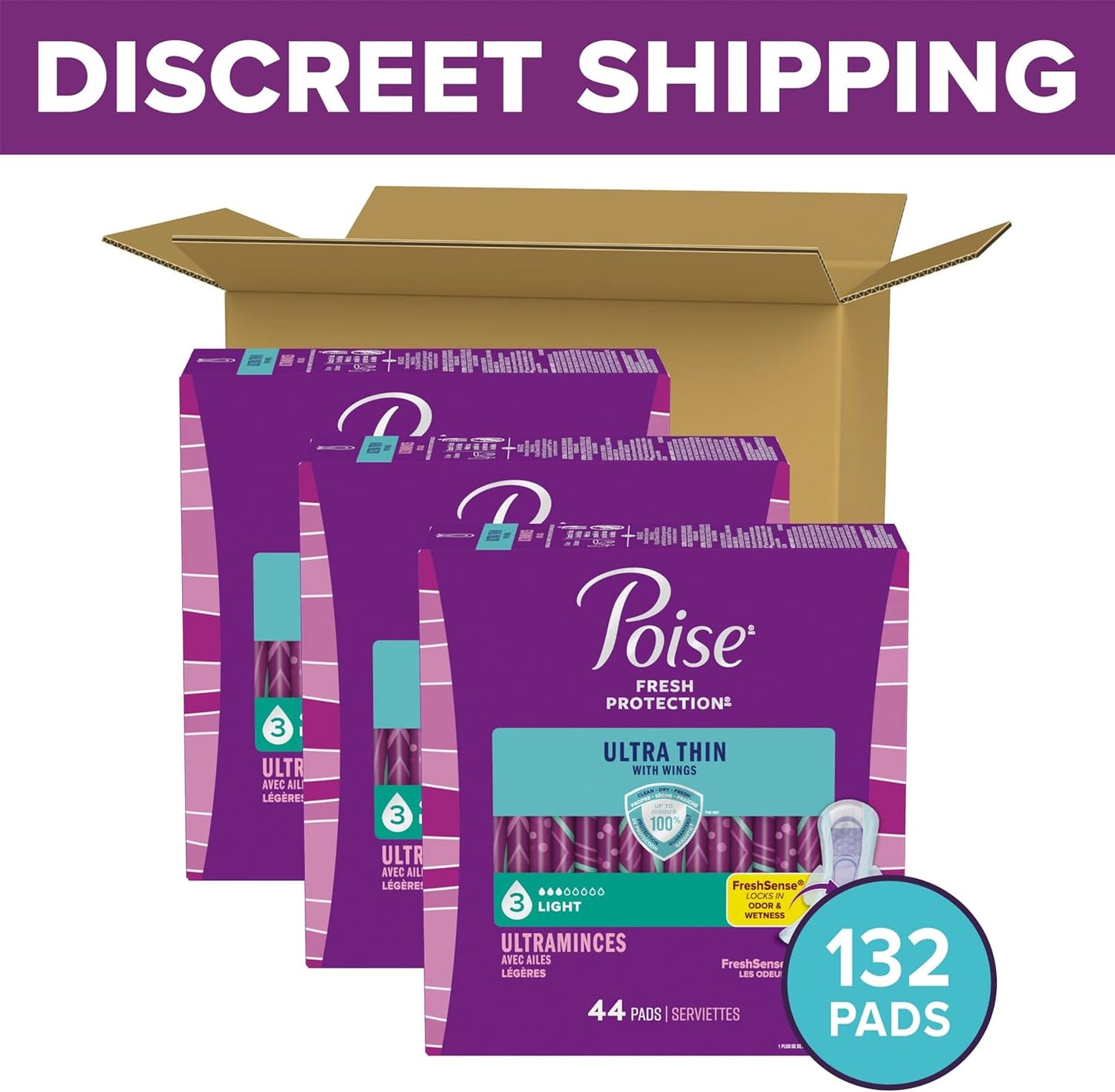 Poise Ultra Thin Incontinence & Postpartum Pads with Wings for Bladder Leaks, 3 Drop Light Absorbency, Regular Length, Packaging May Vary,132 Count (Pack of 2)