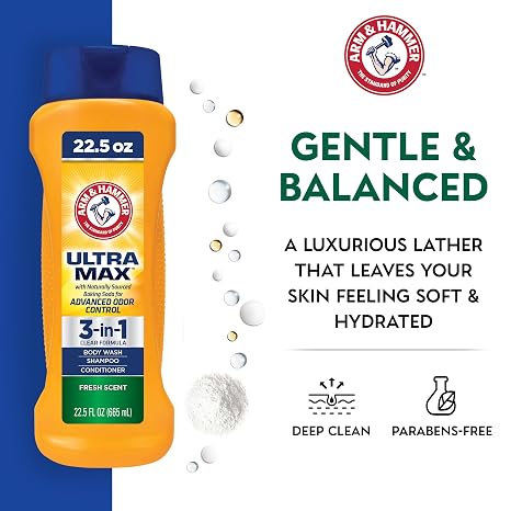 Arm & Hammer Essentials Mens Body Wash - Ultra Max 3-in-1 Fresh Scent 22.5oz - Mens Shampoo Conditioner Body Wash