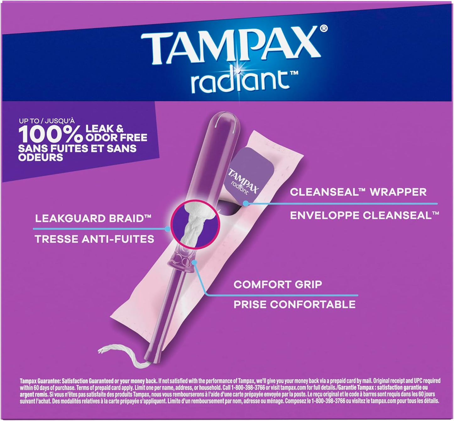 Tampax Radiant Tampons Light Absorbency with BPA-Free Plastic Applicator and LeakGuard Braid, Unscented, 28 Count, Packaging May Vary