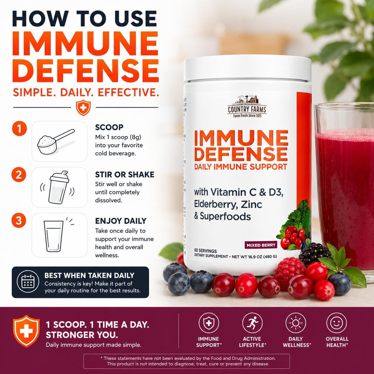 Country Farms Immune Defense Superfoods, Immune Support Supplement, Vitamin C with Black Elderberry, Echinacea, Turmeric, Supports Hydration, with Probiotics and Prebiotics, Berry Flavor, 60 Servings