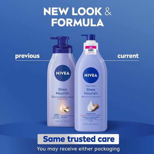 NIVEA Shea Nourish Body Lotion for Dry Skin with Hyaluronic Acid, Shea Butter and Deep Nourishing Serum, 48-Hour Body Moisturizer, 16.9 Fl Oz Pump Bottle (Pack of 2)