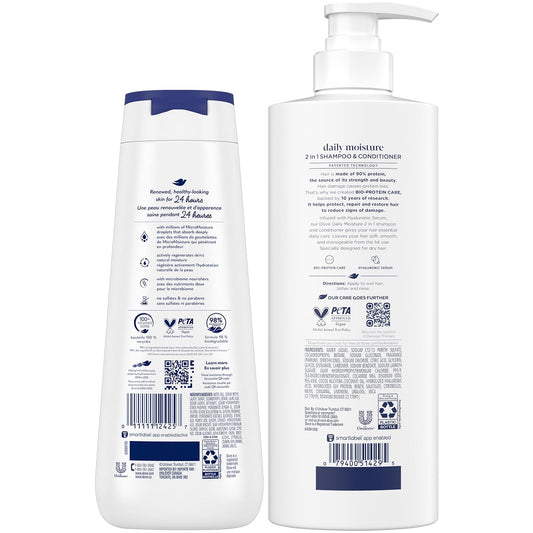 Dove 2-in-1 Shampoo & Conditioner, Daily Moisture Body Wash – Deep Hydration for Revitalizing Dry Hair and Skin (2 Piece Set)