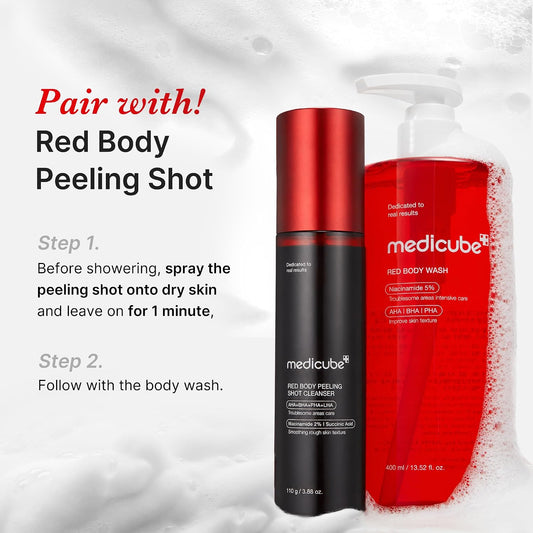 medicube Red body glow essentials: Red Body Wash and Body Peeling Shot
