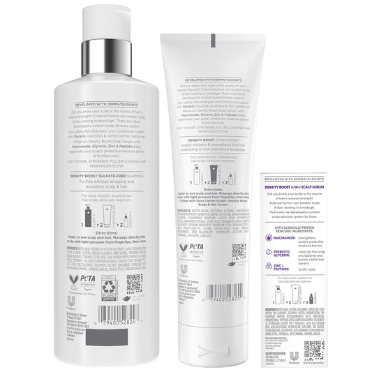 Dove Derma Scalp Thickening Shampoo, Conditioner + Fullness Restore Scalp Serum – Density Boost with Niacinamide, Glycerin, Zinc & Peptides