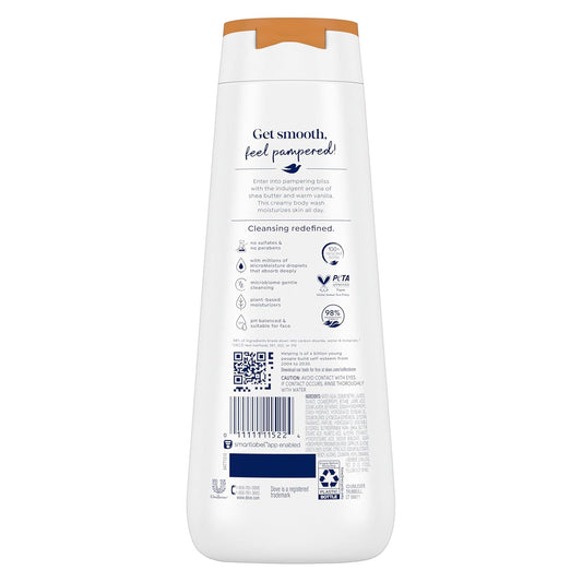Dove Body Wash Pamper Shea Butter & Vanilla for 24hr Lotion-Soft Skin Moisturizing Skin Cleanser with No Sulfates No Parabens 20 oz