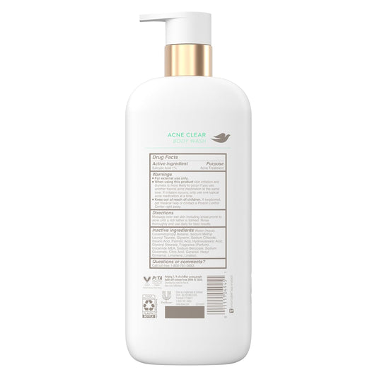 Dove Body Wash Acne Clear Clears & helps prevent acne 1% clearing salicylic acid-acne treatment 18.5 Fl oz (Pack of 4)