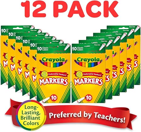 Crayola Fine Line Markers for Kids, Bulk Coloring Markers for School, 10 Assorted Colors, Essential Teacher Classroom Supplies, Ages 3, 4, 5, (Pack of 24)