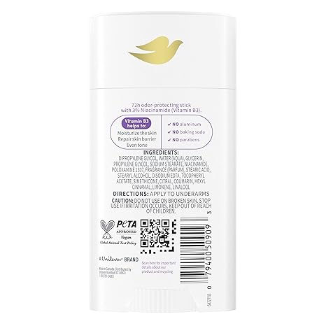 Dove VitaminCare+ Aluminum Free Deodorant Stick for 72H Odor Protection Lavender & Chamomile Breathable Deodorant for Women 2.6 oz