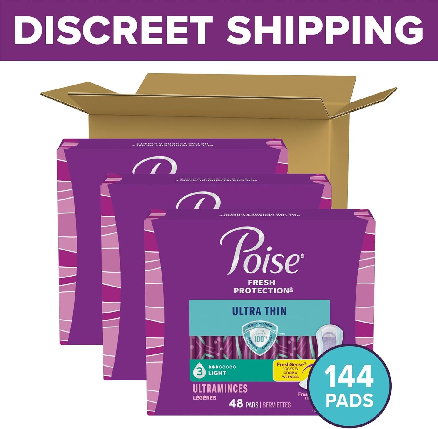 Poise Ultra Thin Incontinence Pads & Postpartum Pads for Bladder Leaks, 3 Drop Light Absorbency, Regular Length, Packaging May Vary,144 Count (Pack of 2)