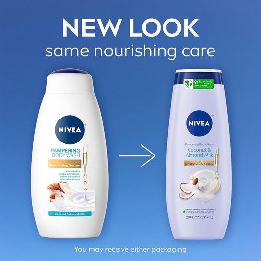 NIVEA Pampering Coconut and Almond Milk Body Wash, 20 Fl Oz (Pack of 12)