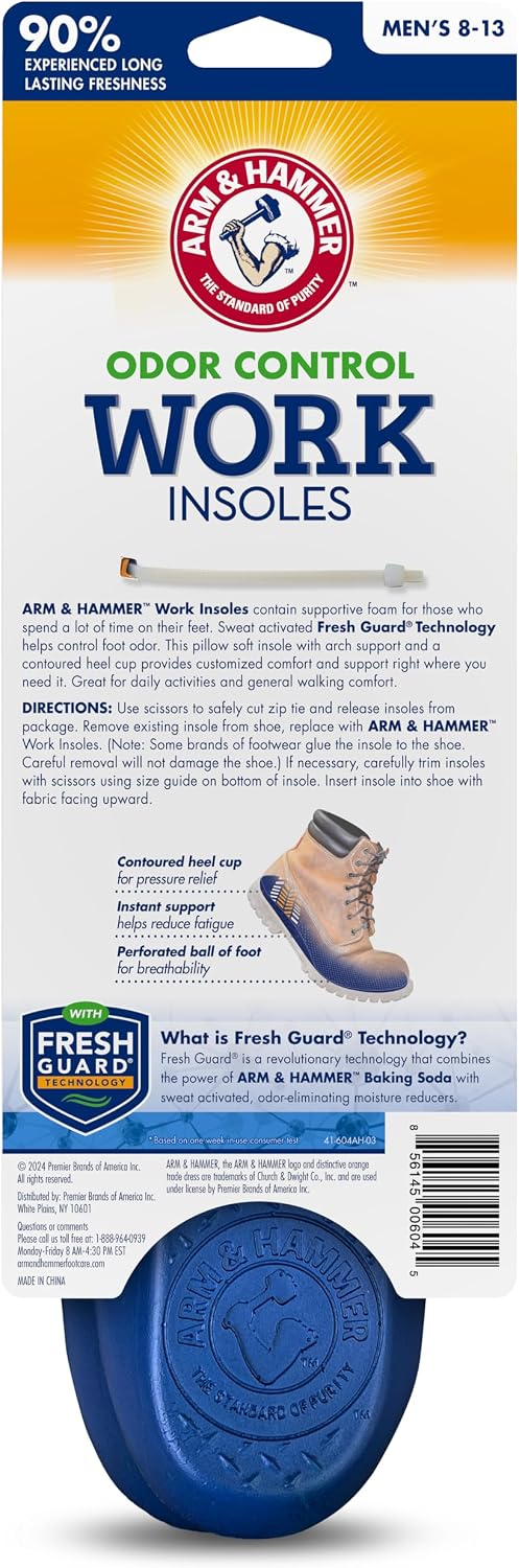 Arm & Hammer Work Boot Insoles, Memory Foam Arch Support, 3 Pack