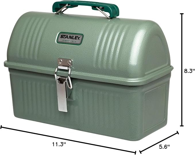 STANLEY Classic Lunch Box 5.5 qt | Vintage Metal Lunchbox | Durable Meal Container with Handle and Latch | Stores Food, Drinks, Thermos, Water Bottle | Hammer Tone Green