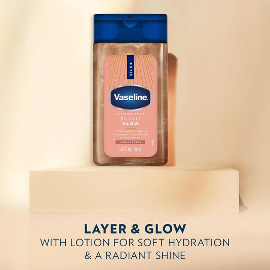 Vaseline Glazed and Glisten Sunlit Glow Body Gel Oil, Vanilla Cocoa Scent, 100% Pure Cocoa Butter with Shimmering Oil, 1.69 Fl Oz, 6 Pack