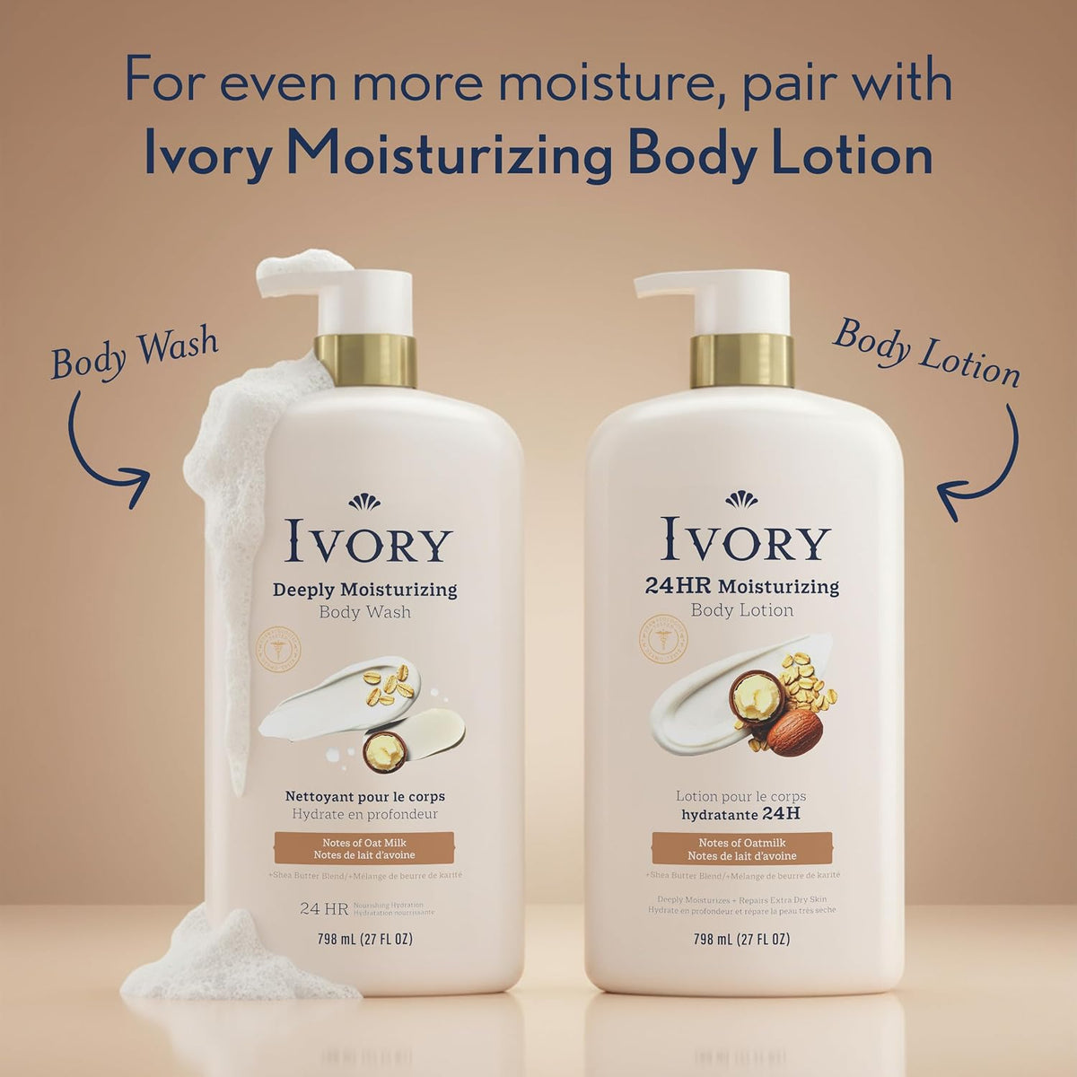 Ivory Deeply Moisturizing Body Wash, 24hr Nourishing Hydration, Soothes Itchy Dry Skin, Made with Shea Butter Blend, Free of Dyes Heavy Perfumes Parabens & Phthalates, Oatmilk Scent, 27 oz