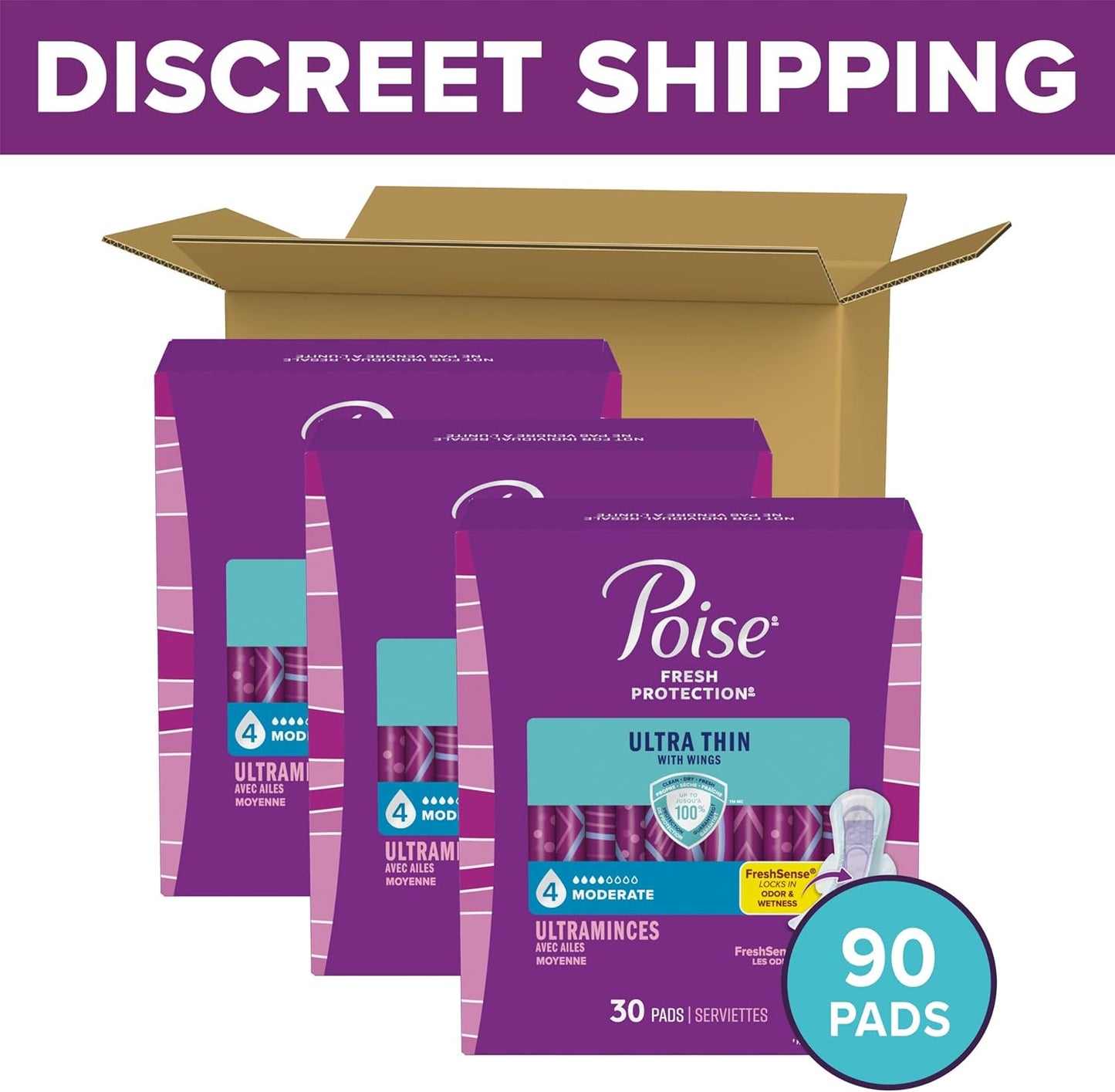 Poise Ultra Thin Incontinence & Postpartum Pads with Wings for Bladder Leaks, 4 Drop Moderate Absorbency, Regular Length, Packaging May Vary, 90 Count (Pack of 2)