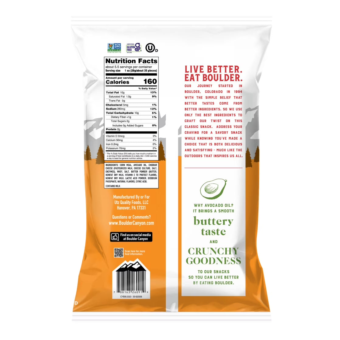 (2 pack) Boulder Canyon Avocado Oil Aged White Cheddar Canyon Poppers, 5.25 oz Bag