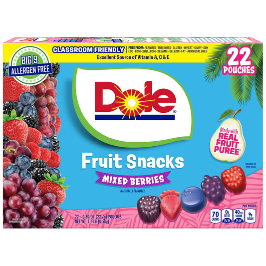 Dole Fruit Snacks, Mixed Berries Flavored, Big 9 Allergen Free, Dye Free, Gluten Free, Gelatin Free, Lunch Snacks 22 Count