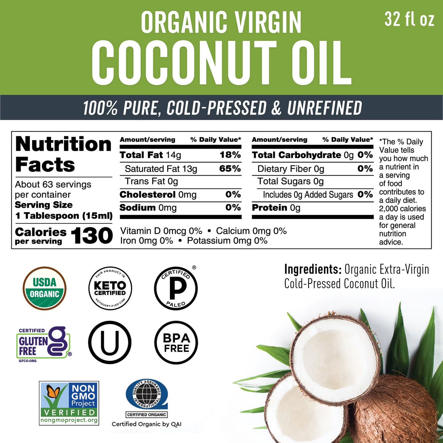 Viva Naturals Organic Extra Virgin Coconut Oil, 32 fl oz (946 ml)