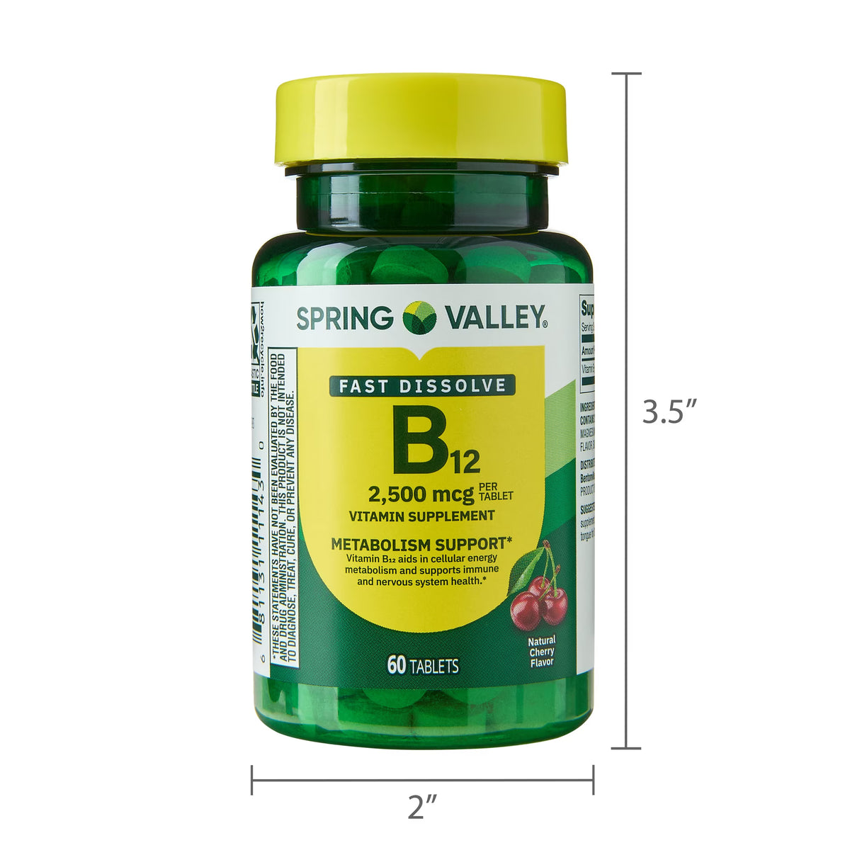 Spring Valley Vitamin B12 Quick-Dissolve Tablets Dietary Supplement, 2,500 Mcg, Cherry, 60 Count