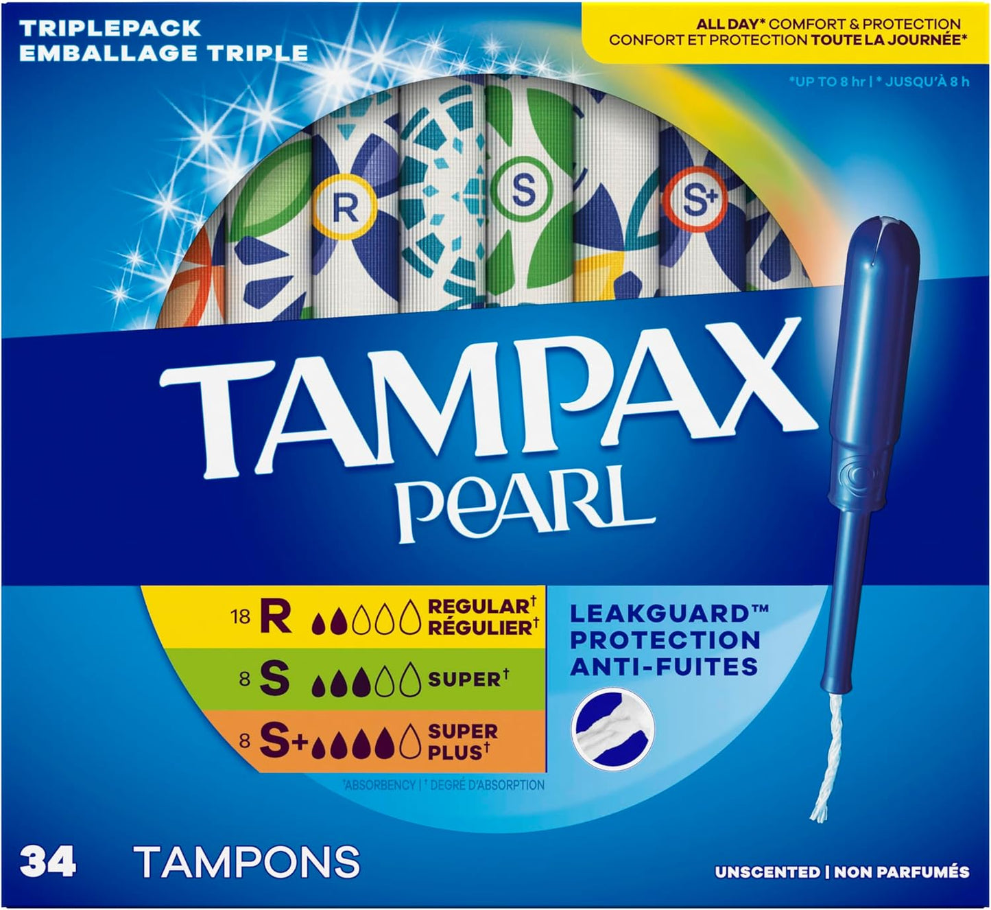 Tampax Pearl Tampons Multipack, Regular/Super Plus Absorbency, With Leakguard Braid, Unscented, 34 Count