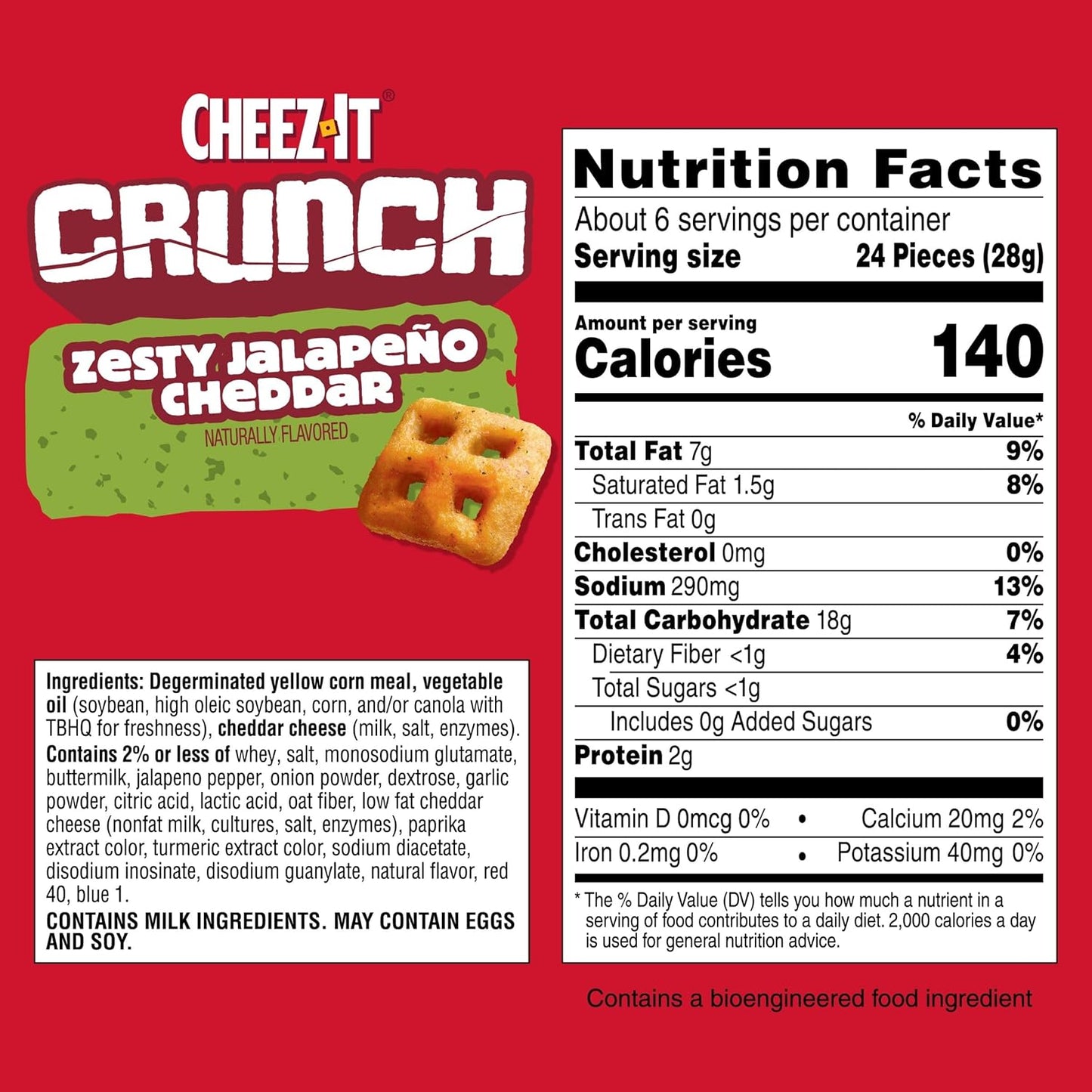 Cheez-It Crunch Cheesy Baked Snacks, Lunch Snacks, Zesty Jalapeno Cheddar, 6.5oz Bag (1 Bag) (Pack of 2)