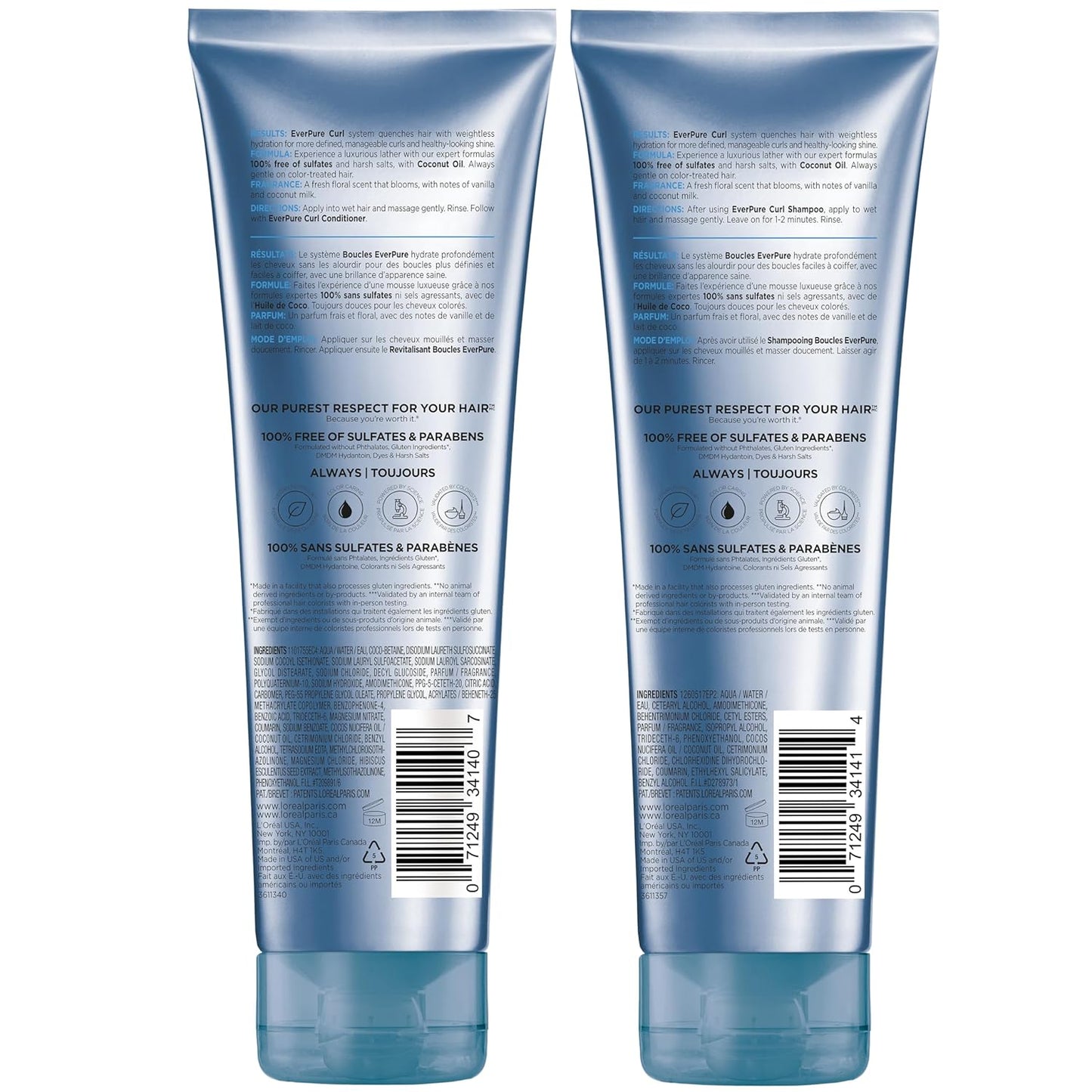 L'Oreal Paris Sulfate Free Shampoo and Conditioner for Curly Hair, Lightweight, Anti-Frizz Hair Care with Coconut Oil, EverPure, 8.5 Fl Oz, Set of 2 (Packaging May Vary)