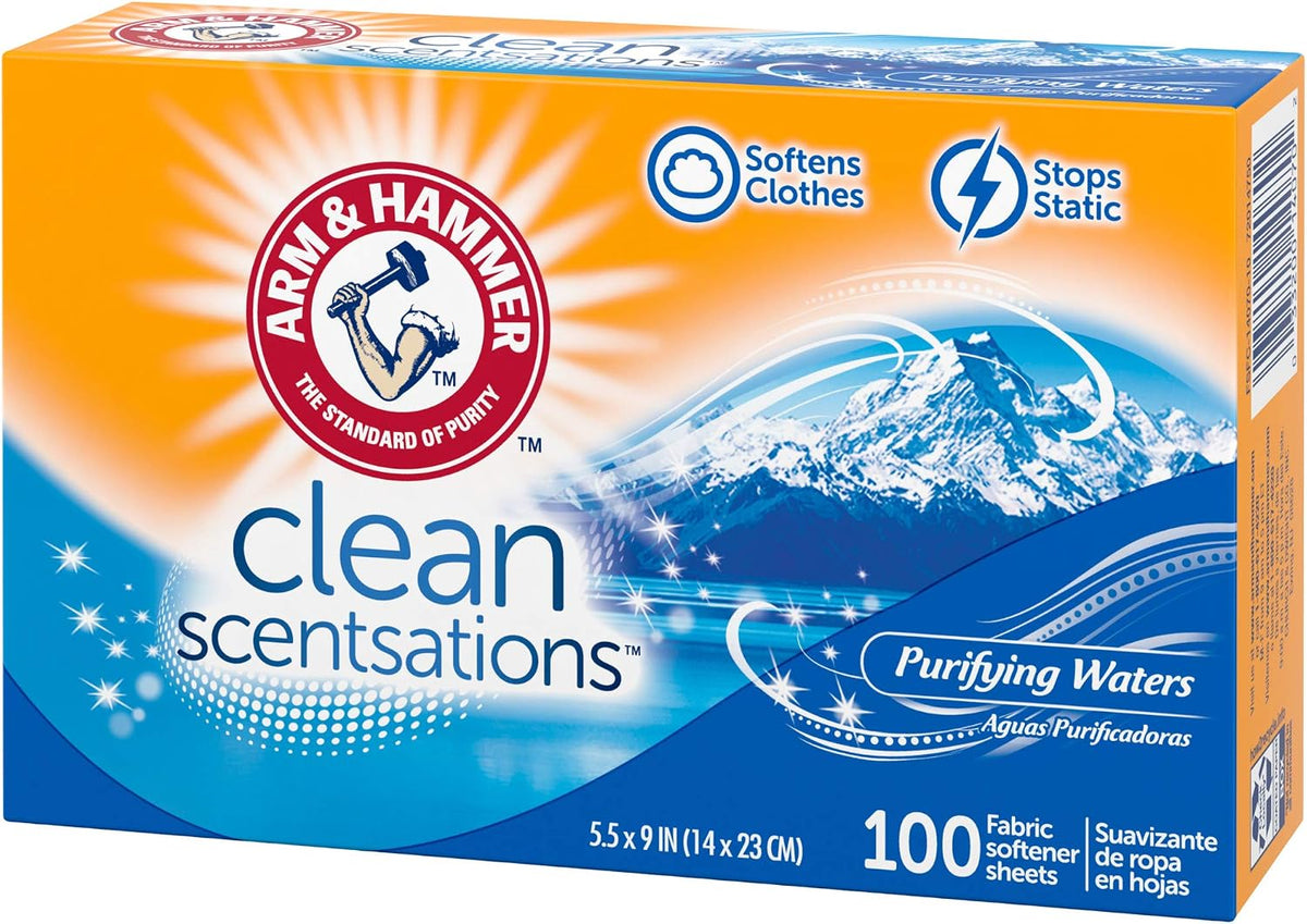 ARM & HAMMER Fabric Softener Dryer Sheets, Purifying Waters, 100 Count