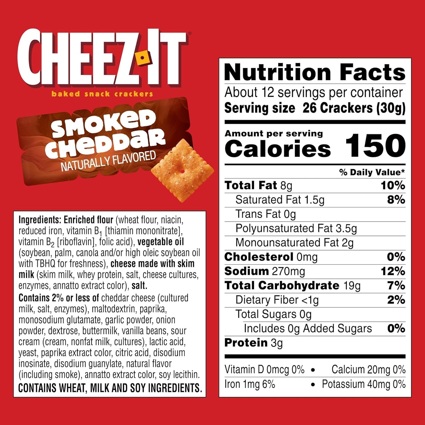 Cheez-It Baked Snack Crackers, Lunch Snacks, Smoked Cheddar, 12.4oz Box (1 Box)