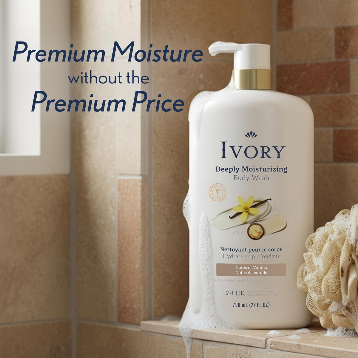 Ivory Deeply Moisturizing Body Wash, 24hr Nourishing Hydration, Soothes Itchy Dry Skin, Made with Shea Butter Blend, Free of Dyes Heavy Perfumes Parabens & Phthalates, Vanilla Scent, 27 oz