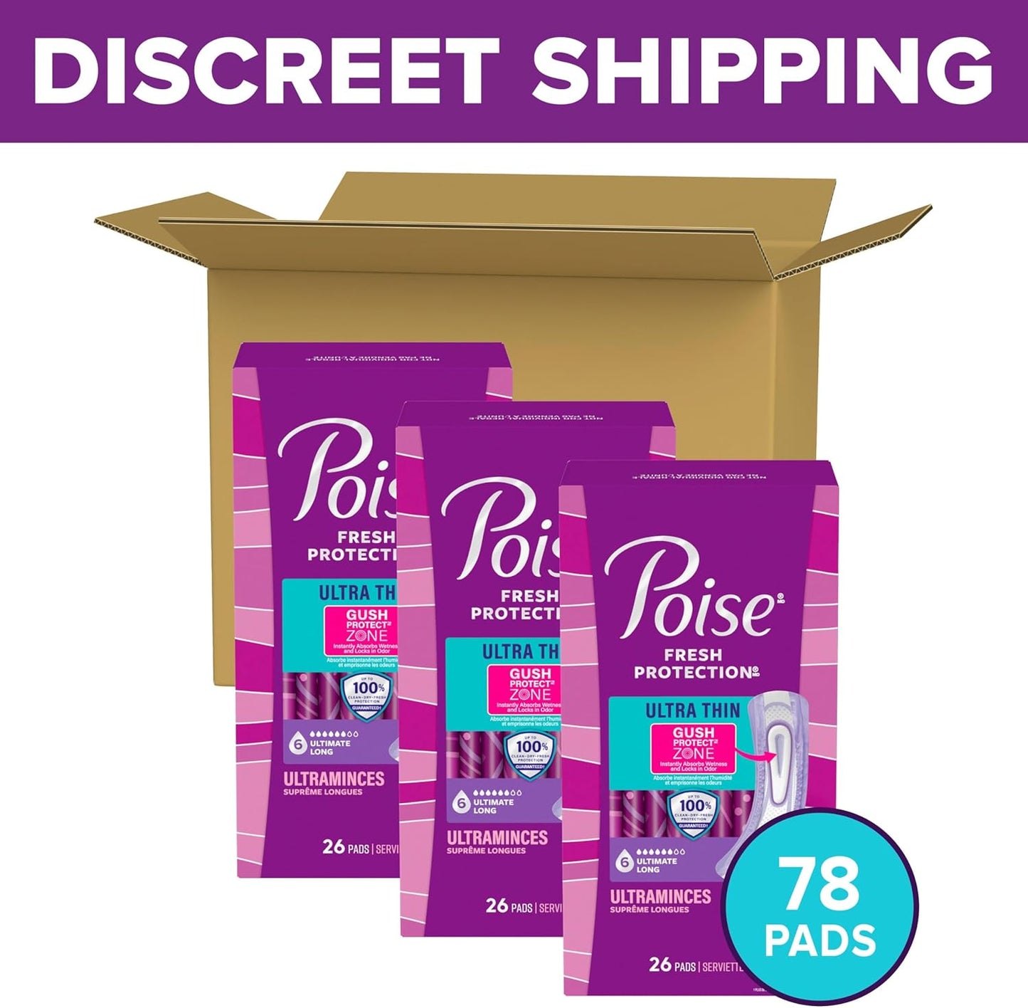 Poise Ultra Thin Incontinence & Postpartum Pads for Bladder Leaks, 6 Drop Ultimate Absorbency, Long Length, 120 Count (Packaging May Vary)
