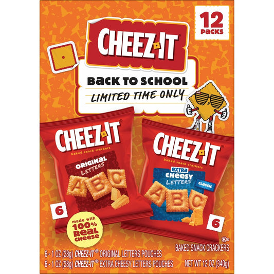 Cheez-It Letters Baked Snack Crackers, Back to School, Lunch Snacks, Variety Pack (12 Packs)