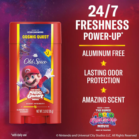 Old Spice Aluminum Free Deodorant for Men, Old Spice x The Super Mario Galaxy Movie, 24/7 Lasting Freshness, Lasting Odor Protection, Smell Super with Cosmic Quest, Star Showers Scent, 3.0 oz