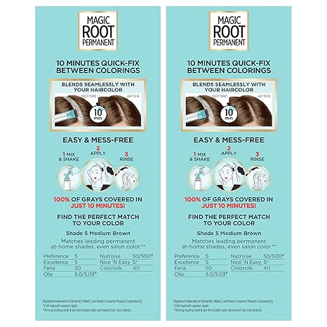 L'Oreal Paris Magic Root Permanent Hair Color Kit, 100% Gray Hair Coverage In Just 10 Minutes, Precision Brush Applicator for Seamless Application, 5 Medium Brown (2 Count)
